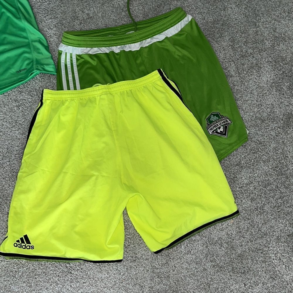 Two (2) Adidas Adizero yellow & green YUSL sewn shield soccer shorts- L